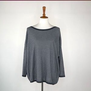 Eileen Fisher Sweater. Grey/Blue horizontal strips. Wide neck line. Size M.